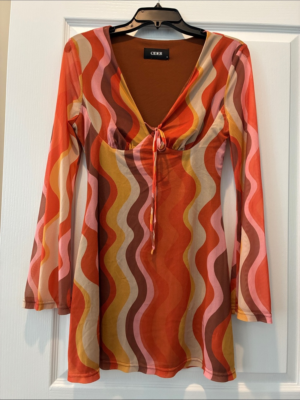 Cider Wavy Stripe Long-Sleeve Mini Dress — Orange, Pink & Mustard
